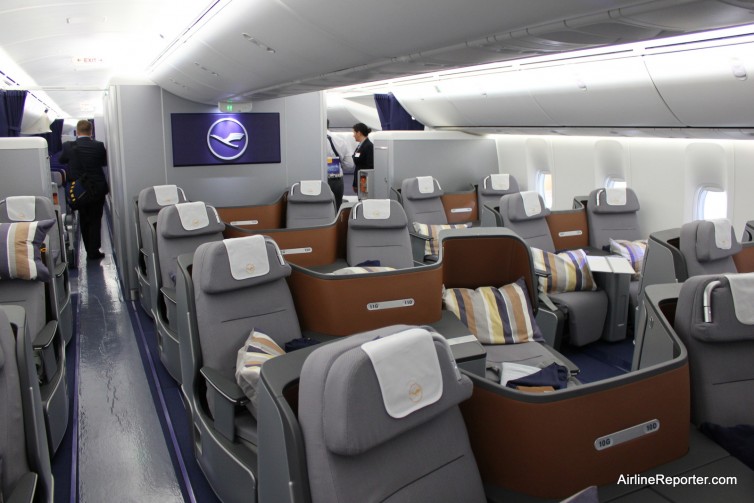 Business class seats on the maindeck of the Lufthansa Boeing 747-8I