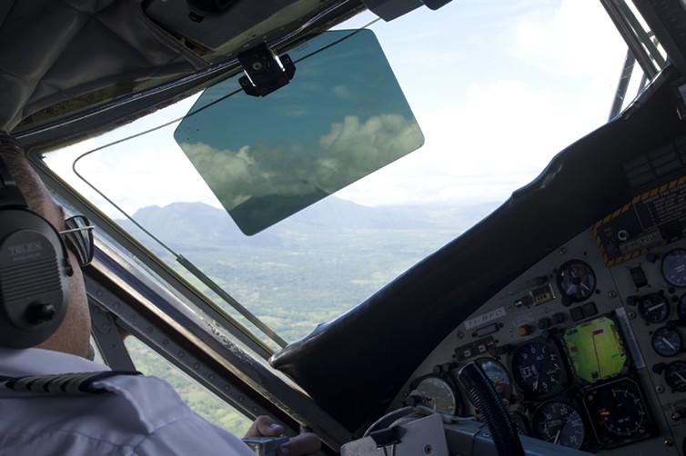 A nice view of Volcán Arenal through the captain's sun visor - Photo: Daniel T Jones