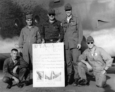 Ed during his Blind Bat time. 817th TAS crew, L-R : TSgt Frenchie Poynter, engineer; SSgt. Ron OMps, loadmaster; Capt Ed Sleeper, pilot; 1st Lt Doug Beacham, navigator; Capt. Dave Behrens, co-pilot - Photo: Doug Beacham