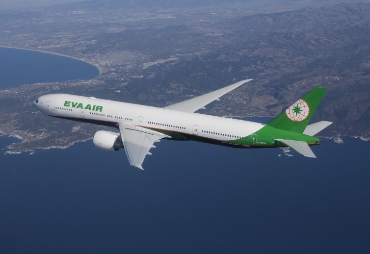 EVA Air Boeing 777-300ER photographed on October 31, 2015 from Clay Lacy Astrovision Learjet.