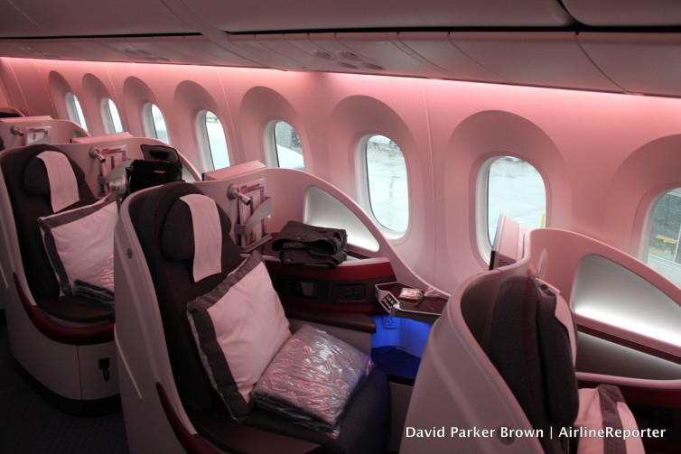 The business class cabin in the Qatar 787-8