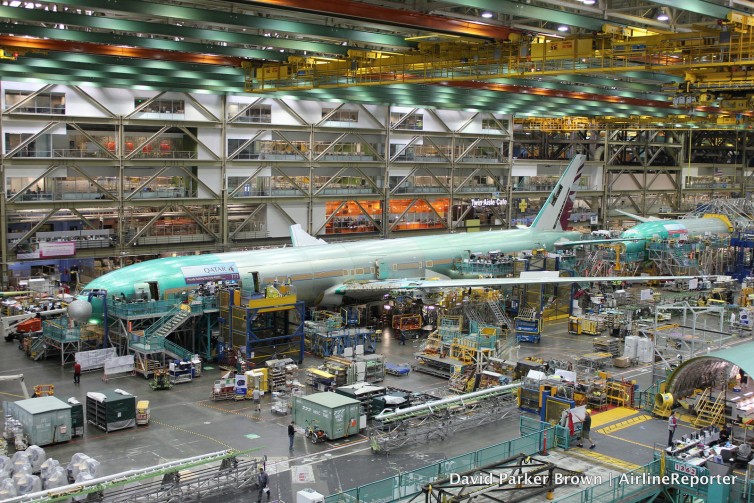 A Qatar 777 in the Boeing factory. It will be configured with 10 abreast in economy
