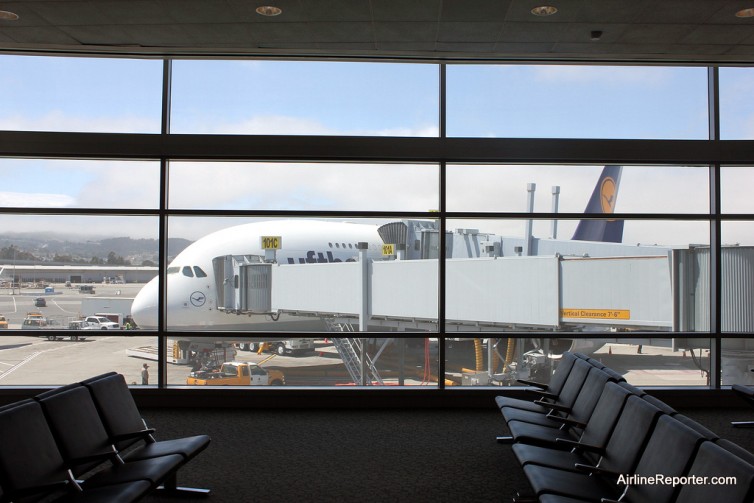 A Lufthansa Airbus A380 at SFO