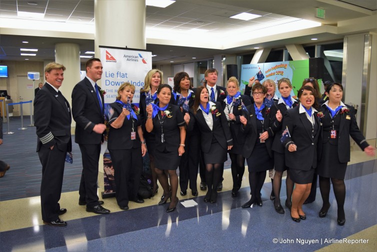 The crew for American's inaugural flight from LAX to SYD, posing for pre-flight photos.