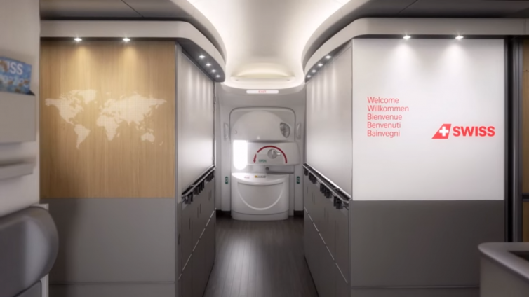 The entry foyer for Swiss's new 777-300ER. Image: Youtube | Swiss