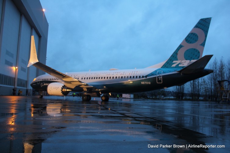 The first Boeing 737 MAX sits outside the Renton factory