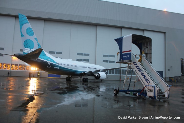 The past and future meet. The stairs has an old 737 livery, compared to the MAX's new livery