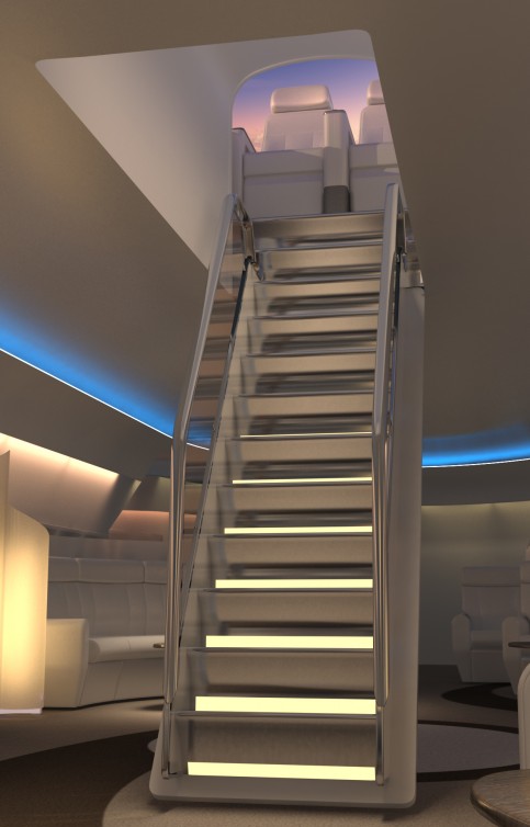 A rendering of a staircase leading up to a Skydeck on a large aircraft. Image courtesy of Windspeed Technologies.