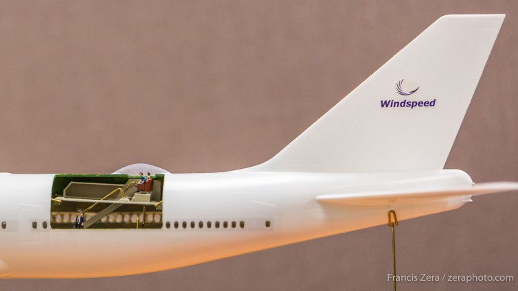 A model of a Boeing 747-8 with a Skydeck installed sits in the offices of Windspeed Technologies in Everett. Wash.