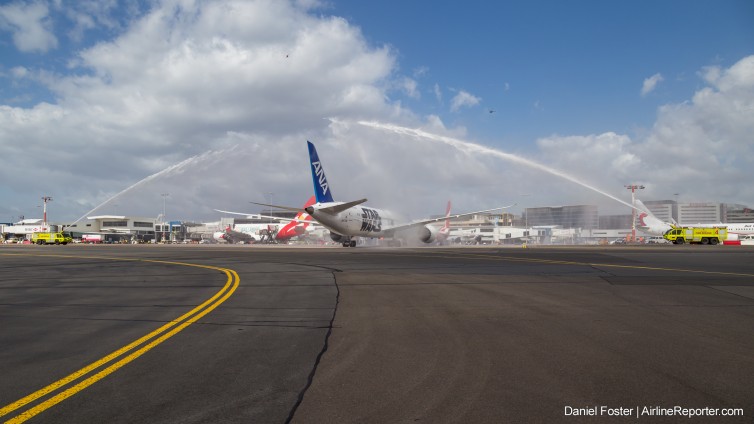 The Dreamliner receives a water cannon salute