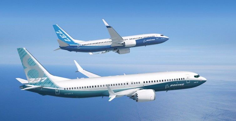 Showing the 737 MAX 8 flying next to the 737-800 NG - Image: Boeing