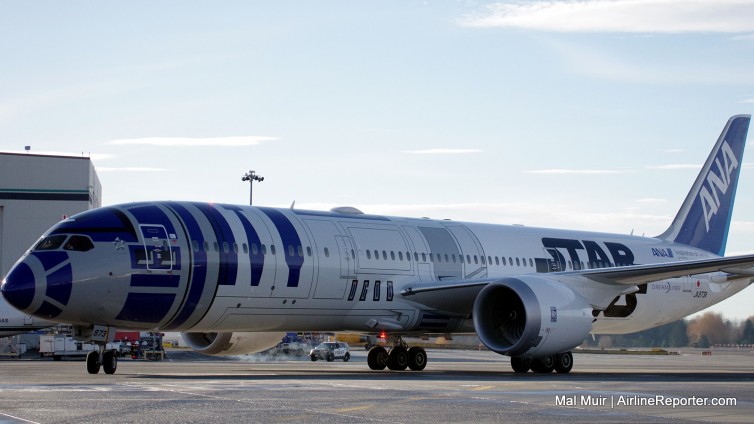 ANA's Star Wars R2-D2 arrivesÂ to gate S16 at SeaTac. This was the first time the aircraft had been deployed to Seattle.