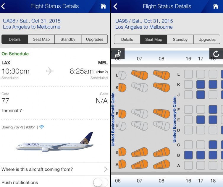 Screen shots of the United App