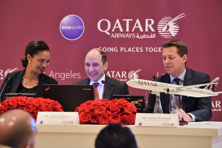 At the Qatar press conference on January 12, 2016 in Beverly Hills, with His Excellency GCEO Akbar Al Baker, LAWA Director Deborah Flint, and Qatar's VP for the Americas Gunther Saurwein. Photo: John Nguyen | AirlineReporter