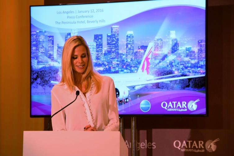 Brooke Burns hosted the Qatar press conference on January 12, 2016 in Beverly Hills. Photo: John Nguyen | AirlineReporter