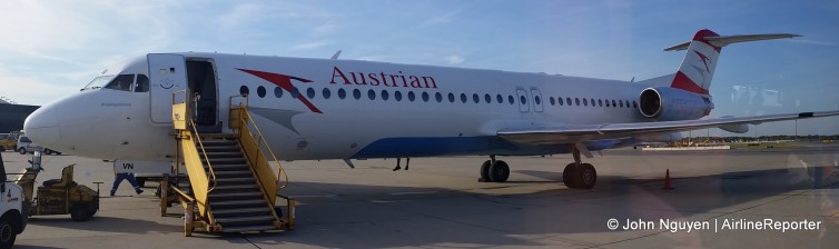 OE-LVN (fleet identifier, appropriately, is VN), an Austrian Airlines Fokker 100, dubbed "Dnepropetrovsk."