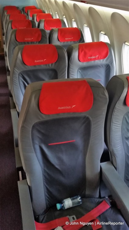 The economy seats of an Austrian Airlines Fokker 100.