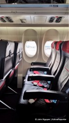 The economy seats of an Austrian Airlines Fokker 100.
