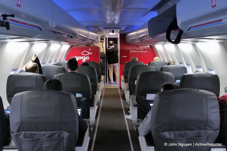 On board Gogo's 737: Looking forward from mid-cabin; love the LED lights!