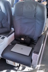 On board Gogo's 737: My first class seat, 3C, along with amenity kit (laptop not included).