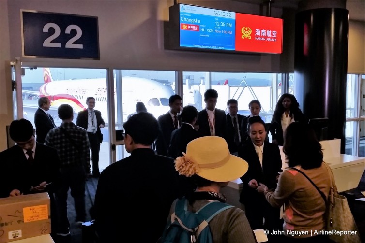 Passengers boarding Hainan's inaugural flight from LAX to Changsha on January 21.