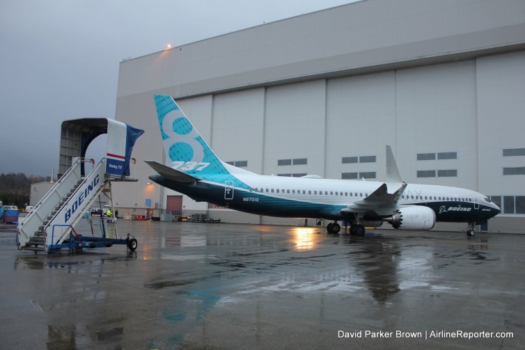 The first Boeing 737 MAX, seen at the roll-out event