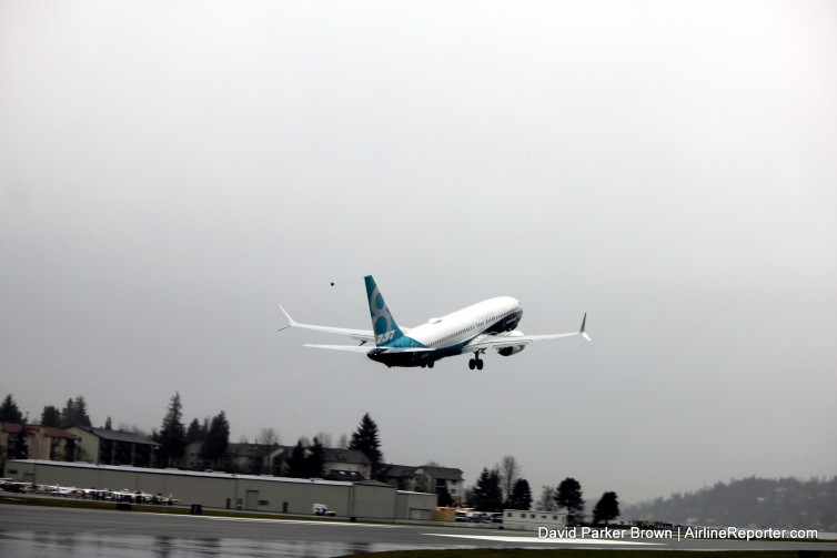 Up, up and away! The 737-MAX leaves the ground on its maiden flight. We'll catch up with it soon at Boeing Field.