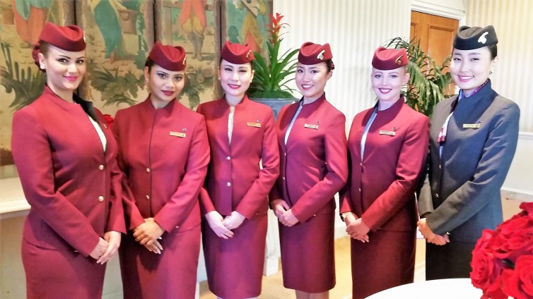 Flight attendants served as ushers and assistants for Qatar's press conference on january 12, 2016 in Beverly Hills. Photo: John Nguyen | AirlineReporter