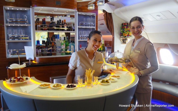 The bar & lounge at the rear of the A380 Business Class cabin.