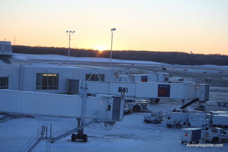 Ted Stevens Anchorage International Airport with light snow