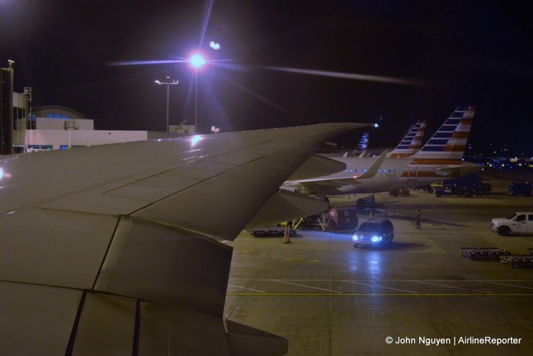 The night scene from AA73 just before departing LAX for SYD.