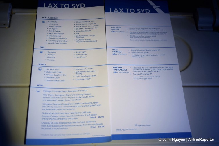 Economy menu for American 73 LAX-SYD.