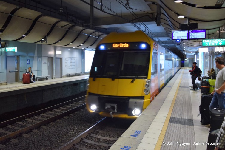 The train arrives into SYD's International Terminal station.