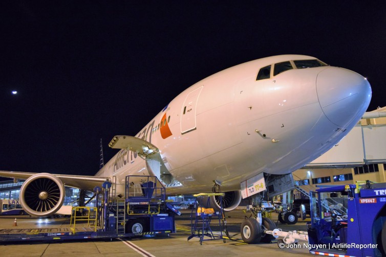 Cround crews at LAX prep an American 777-300ER for its flight to SYD.