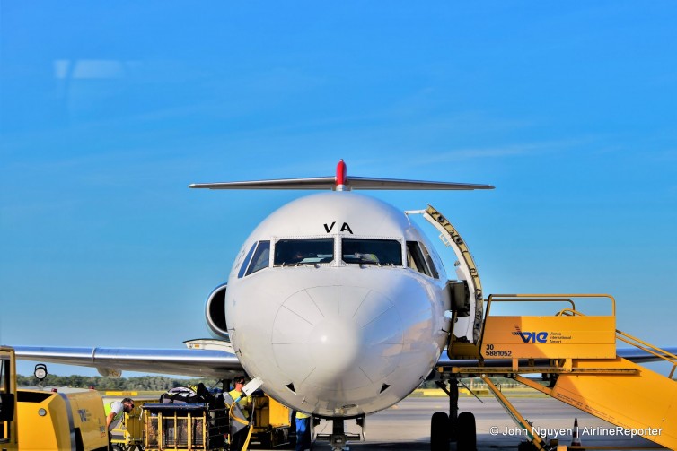 OE-LVA, an Austrian Airlines Fokker 100 parked at VIE.