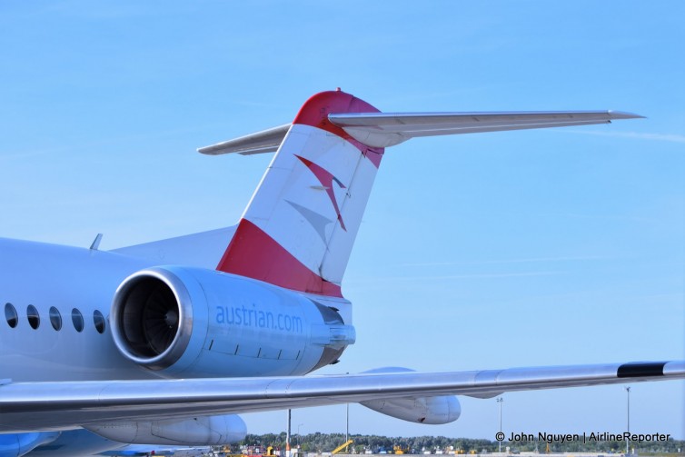 OE-LVN, an Austrian Airlines Fokker 100 parked at VIE.