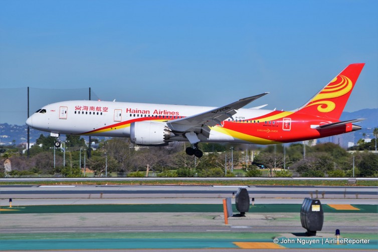 A Hainan Boeing 787-8 (B-2739), operating inaugural flight HU7923, arrives at LAX.