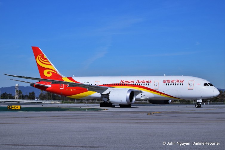 A Hainan Boeing 787-8 (B-2739), operating inaugural flight HU7923, taxis to the gate at LAX.