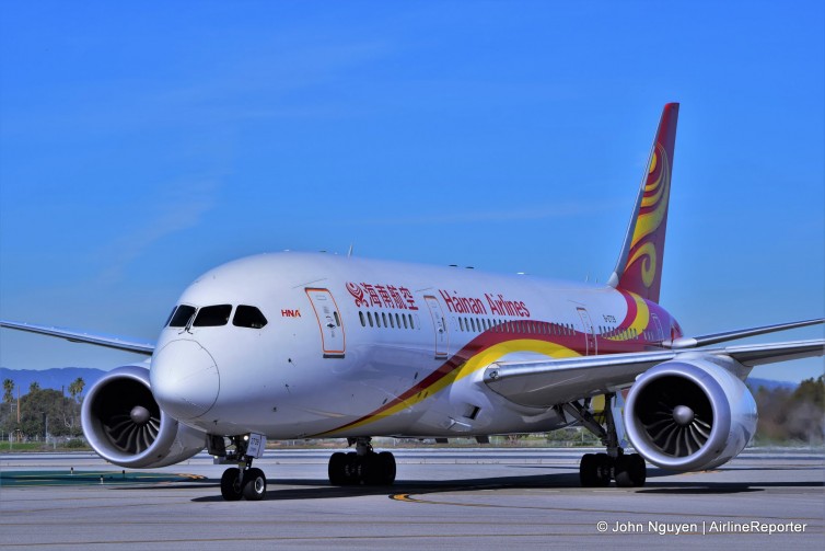 A Hainan Boeing 787-8 (B-2739), operating inaugural flight HU7923, taxis to the gate at LAX.