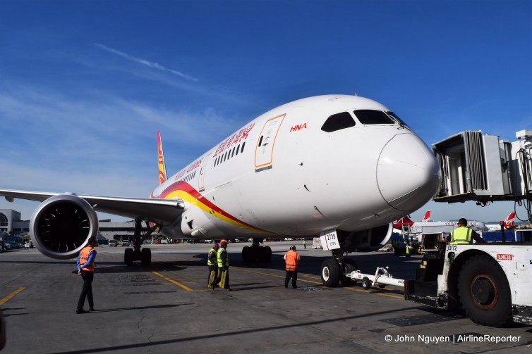 A Hainan Boeing 787-8 (B-2739), operating inaugural flight HU7923, arrives at Gate 22 at LAX.