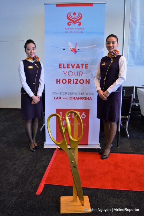 Hainan flight attendants welcome guests to the inaugural flight of HU7924 from LAX to Changsha on January 21.