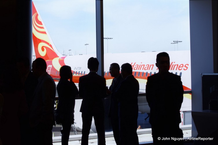 Guests and dignitaries at LAX view Hainan's Boeing 787-8, which has just arrived from Changsha on inaugural flight HU7923.