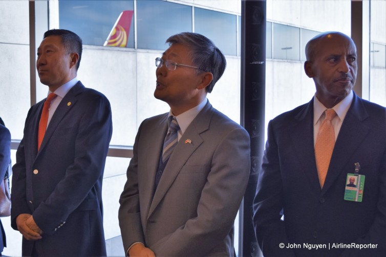 VIPs attend the inaugural event for Flight HU7924 from LAX to Changsha on January 21. From L-R: Mu Weigang, Vice Chairman of Hainan Airlines; Liu Jian, Consul General for China in Los Angeles; and Samson Mengistu, a Deputy Executive Director for LAWA.