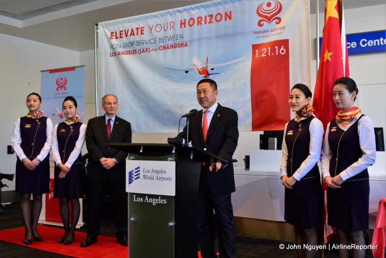 Hou Wei, VP of Hainan Airlines, speaks at the inaugural event for Flight HU7924 from LAX to Changsha on January 21.