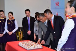 Cutting the cake at the inaugural event for Flight HU7924 from LAX to Changsha on January 21.