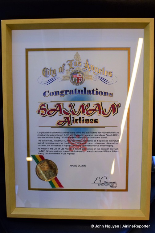 A certificate of congratulations from the Los Angeles Mayor's Office, to commemorate Hainan's new service from LAX to Changsha.