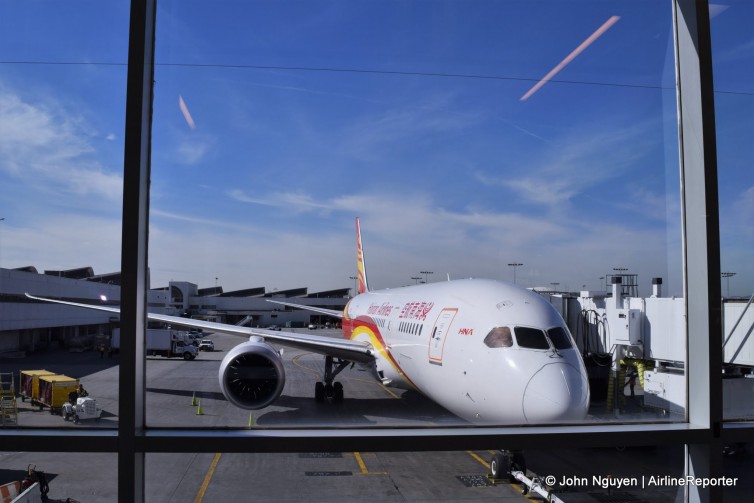 Hainan's 787-8 from the departure lounge at LAX Gate 22.
