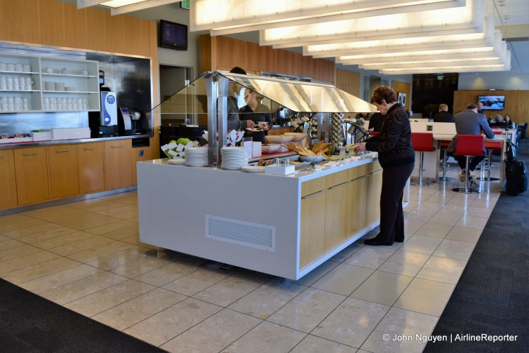 The self-serve buffet counter inside the Air Canada Maple Leaf Lounge in LAX Terminal 2.