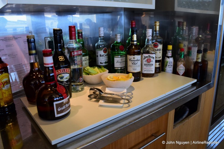 The self-serve bar inside the Air Canada Maple Leaf Lounge in LAX Terminal 2.