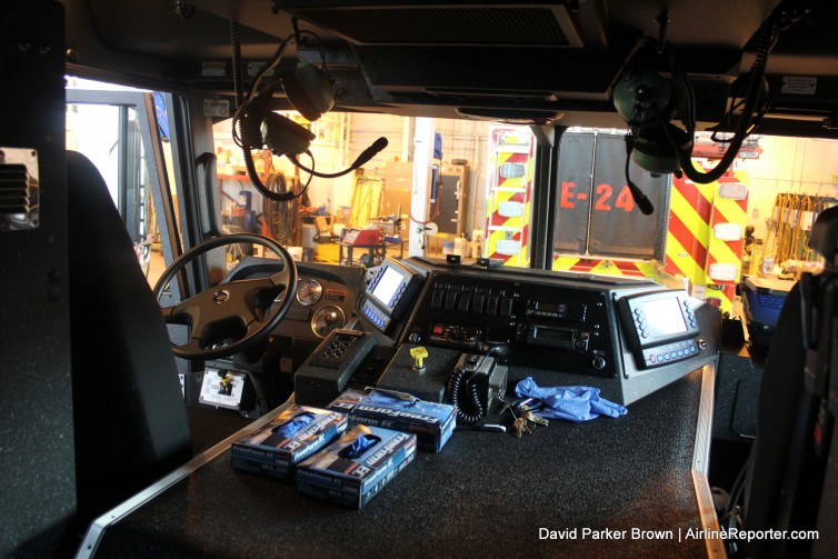Inside the cab of the fire engine